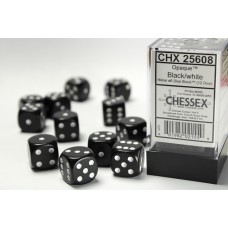  Opaque 16mm d6 Black/white Dice Block™ (12 dice) (CHX25608)